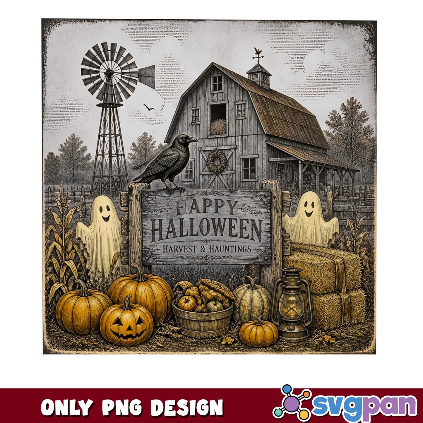 Halloween Harvest And Hauntings Farm PNG, Ghost Pumpkin PNG, Spooky Barn PNG