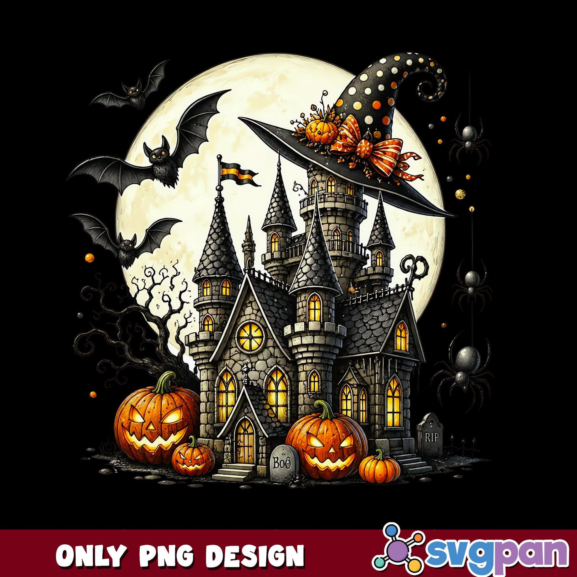 Halloween Haunted Castle PNG, Witch Hat Pumpkin PNG, Spooky House PNG