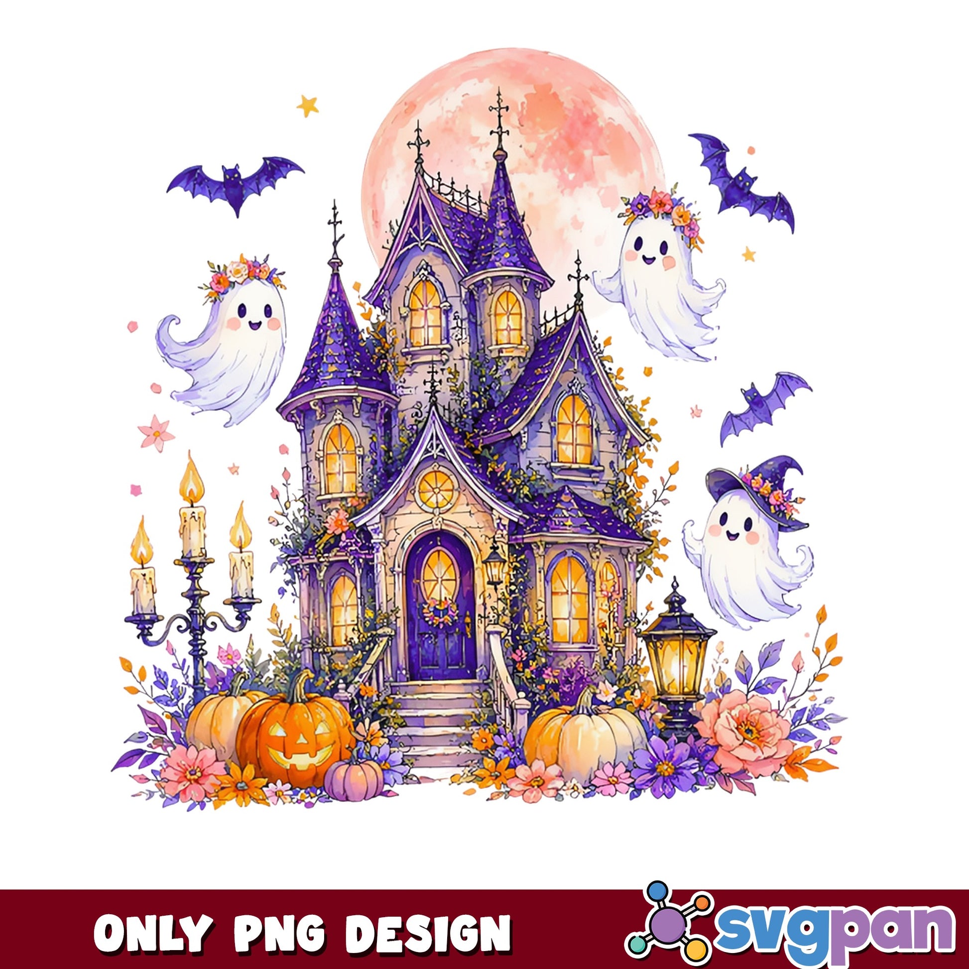 Halloween Haunted House PNG, Cute Ghost Floral PNG, Spooky PNG