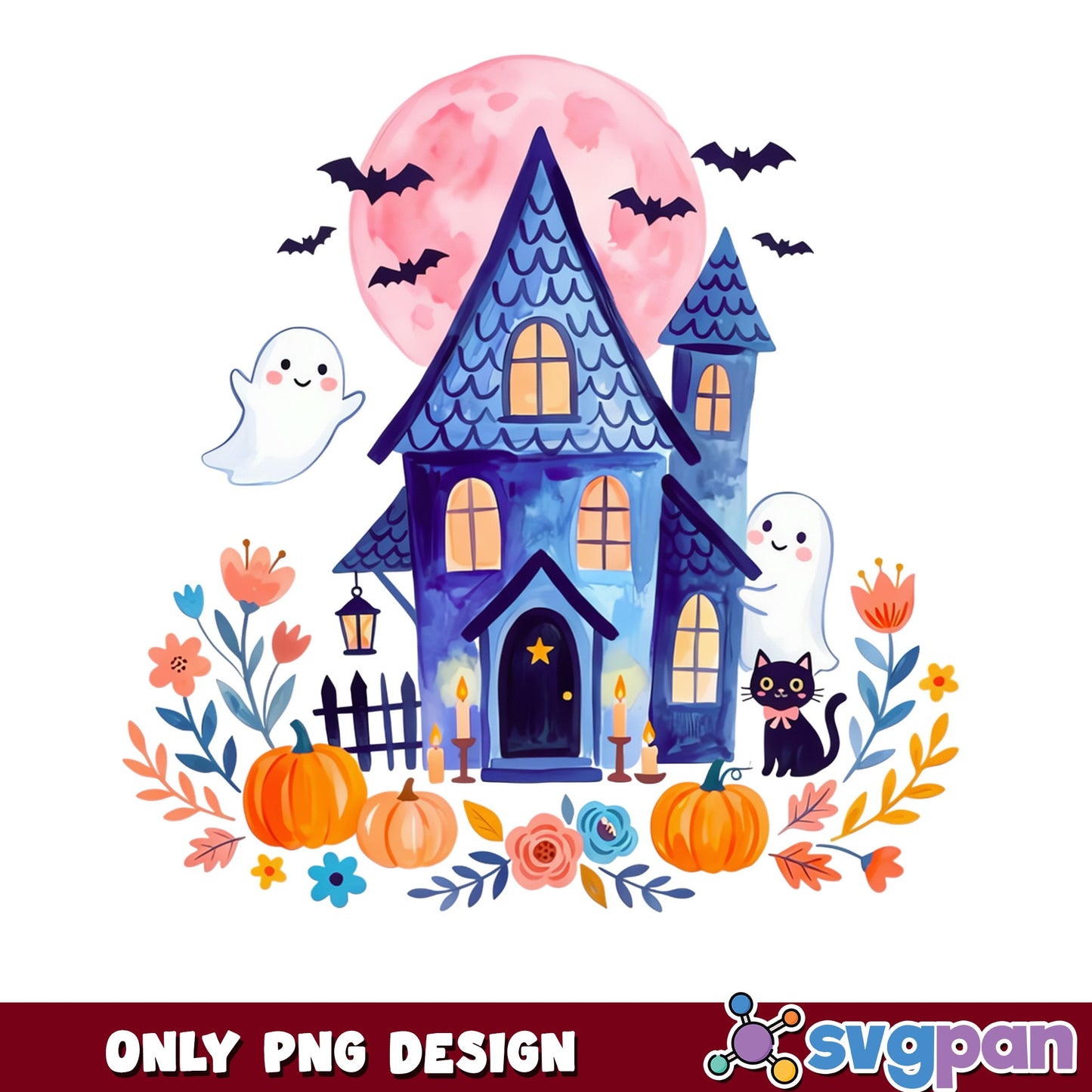 Halloween Haunted House PNG, Cute Ghost Pumpkin PNG, Spooky Halloween PNG