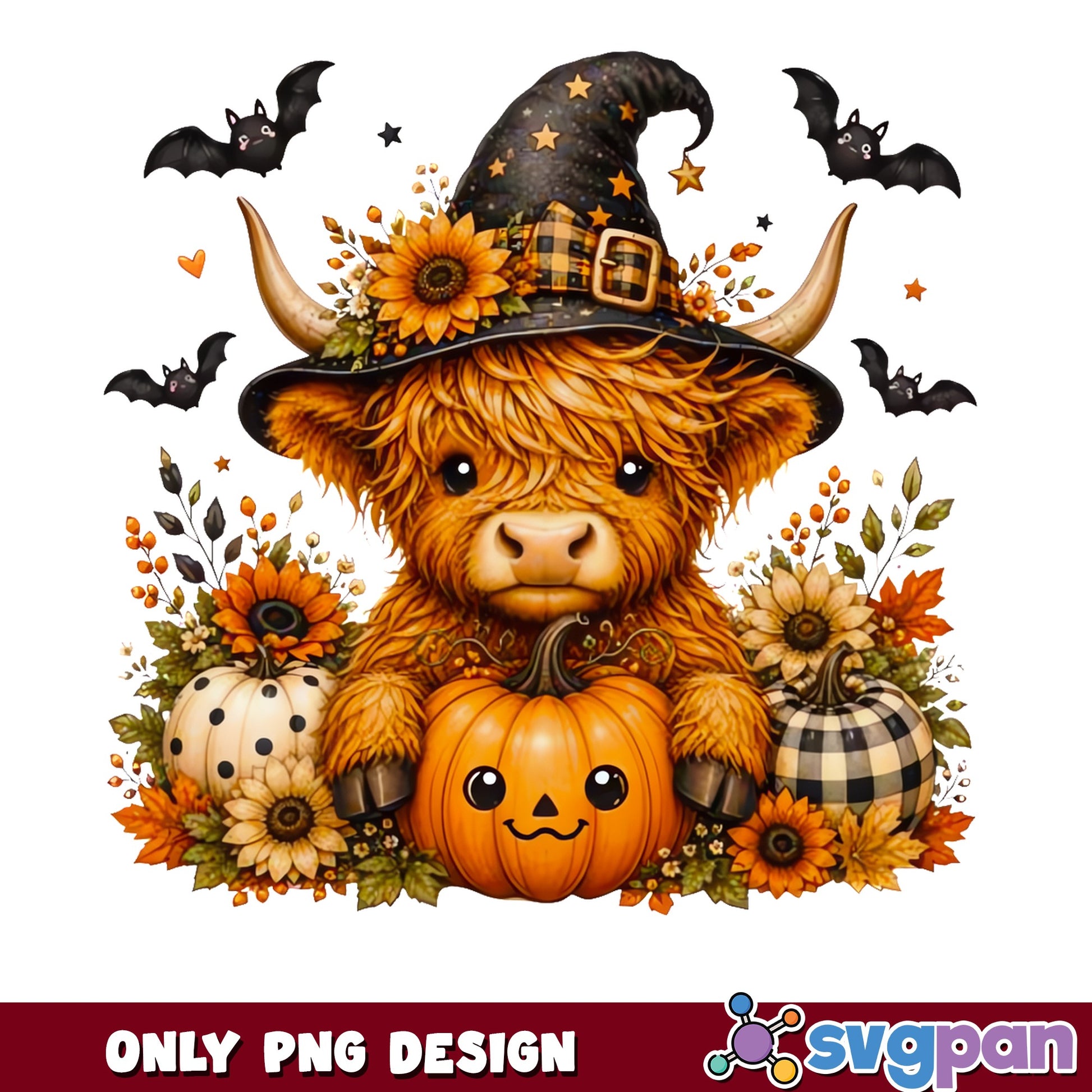 Halloween Highland Cow PNG, Witch Hat Pumpkin PNG, Fall PNG