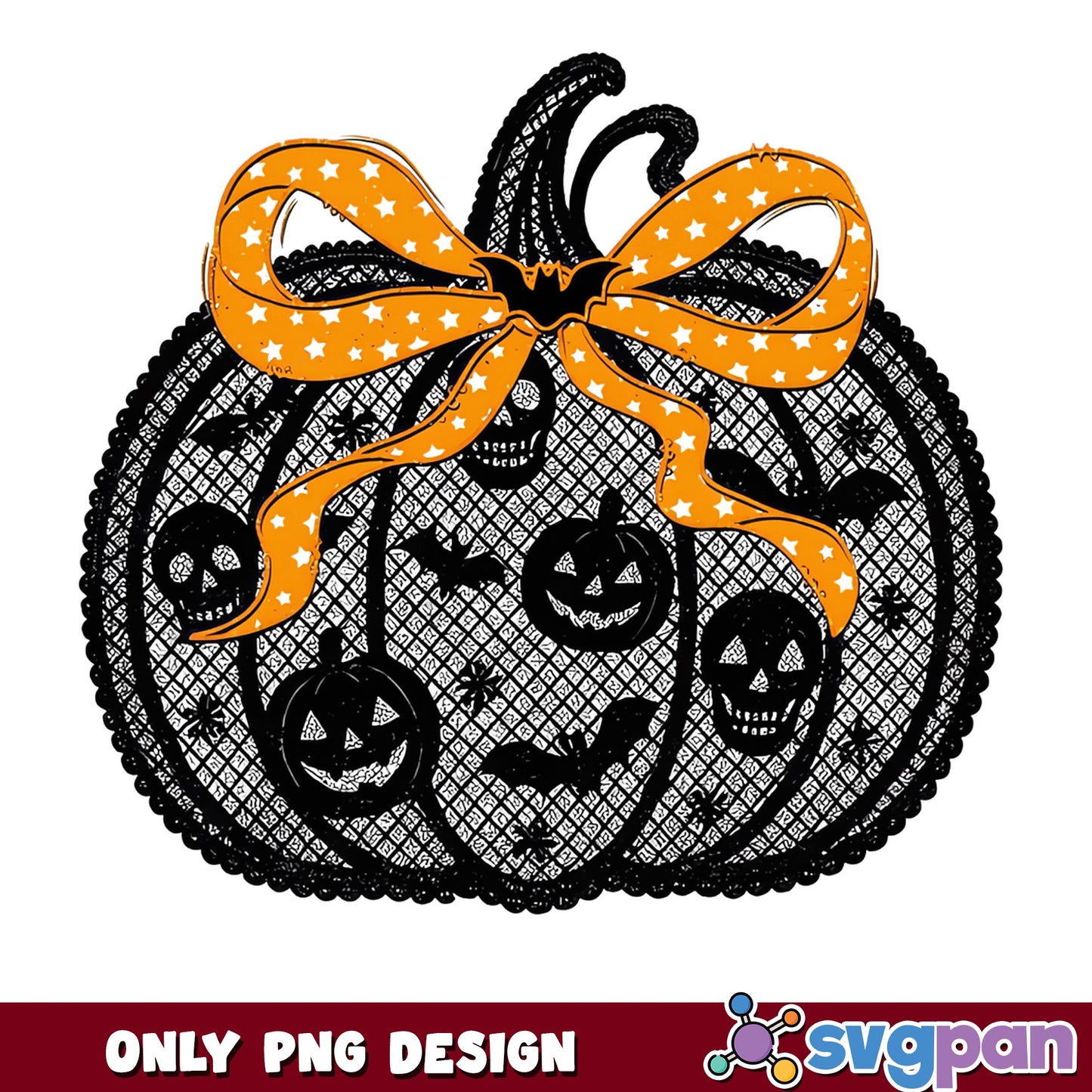 Halloween Lace Pumpkin With Bow PNG, Skull Pumpkin PNG, Halloween PNG