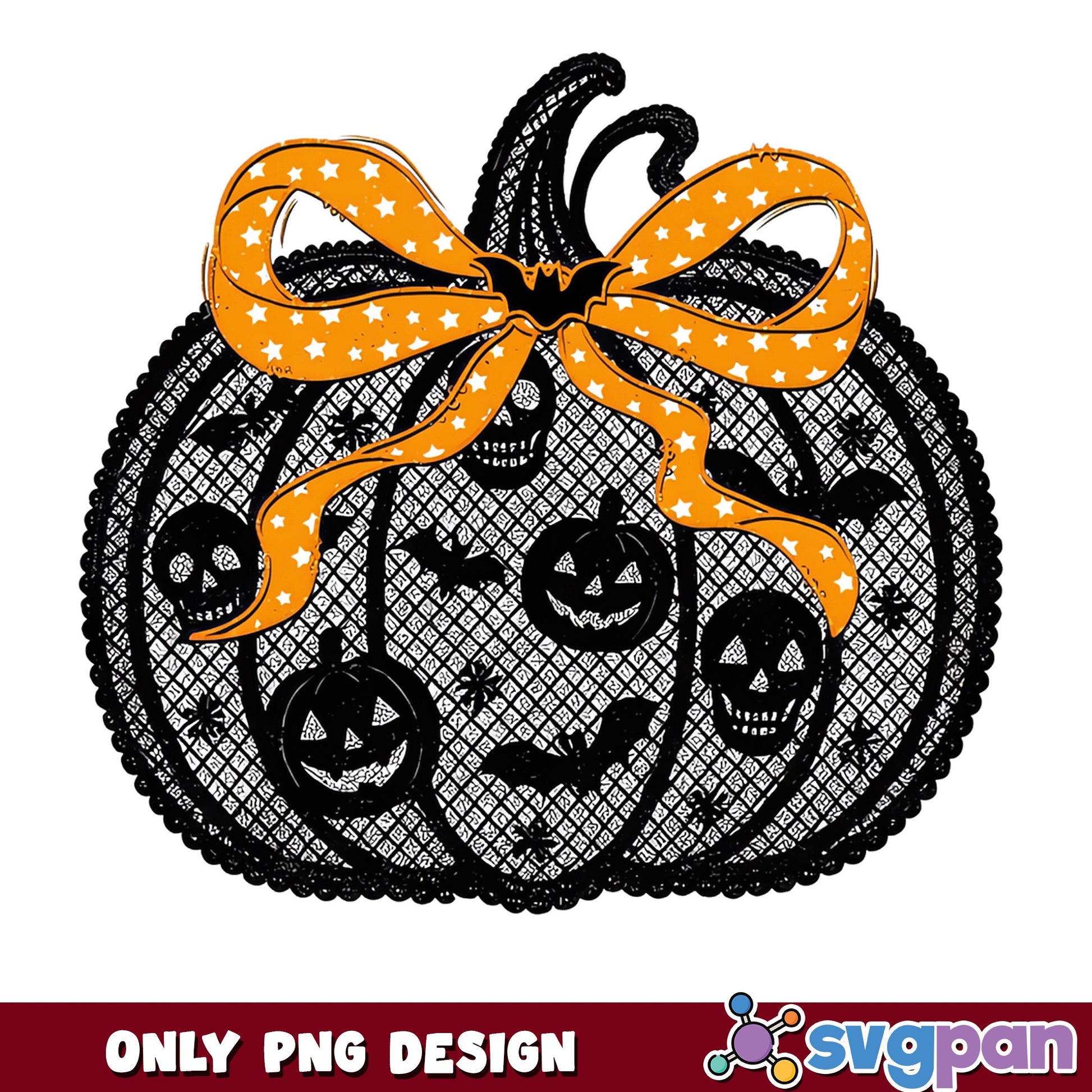 Halloween Lace Pumpkin With Bow PNG, Skull Pumpkin PNG, Halloween PNG