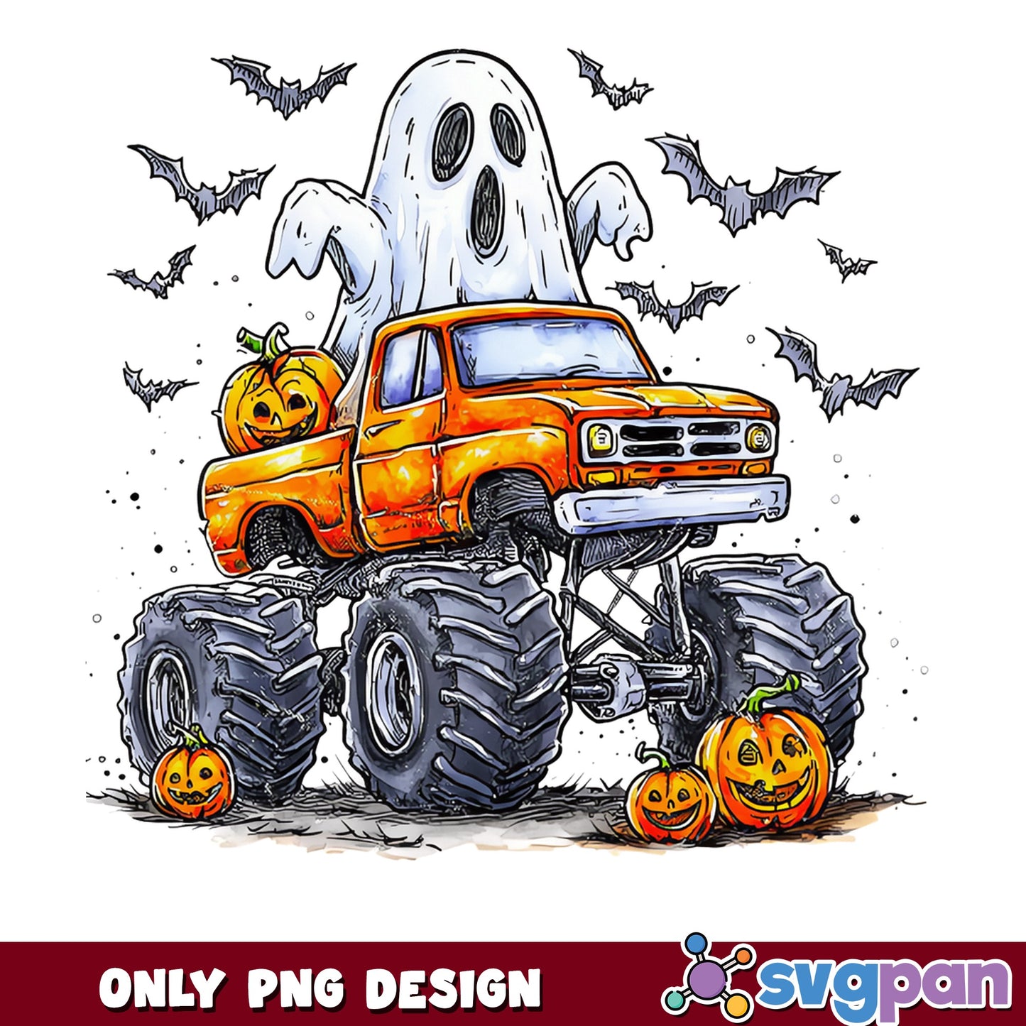 Halloween Monster Truck Ghost PNG, Pumpkin Bat Halloween PNG, Spooky Truck PNG