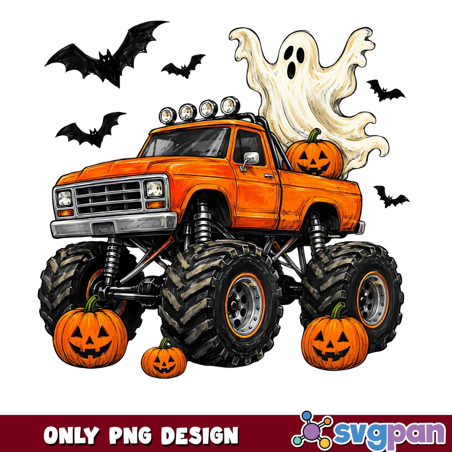 Halloween Monster Truck PNG, Pumpkin Ghost Bat Design, Halloween PNG