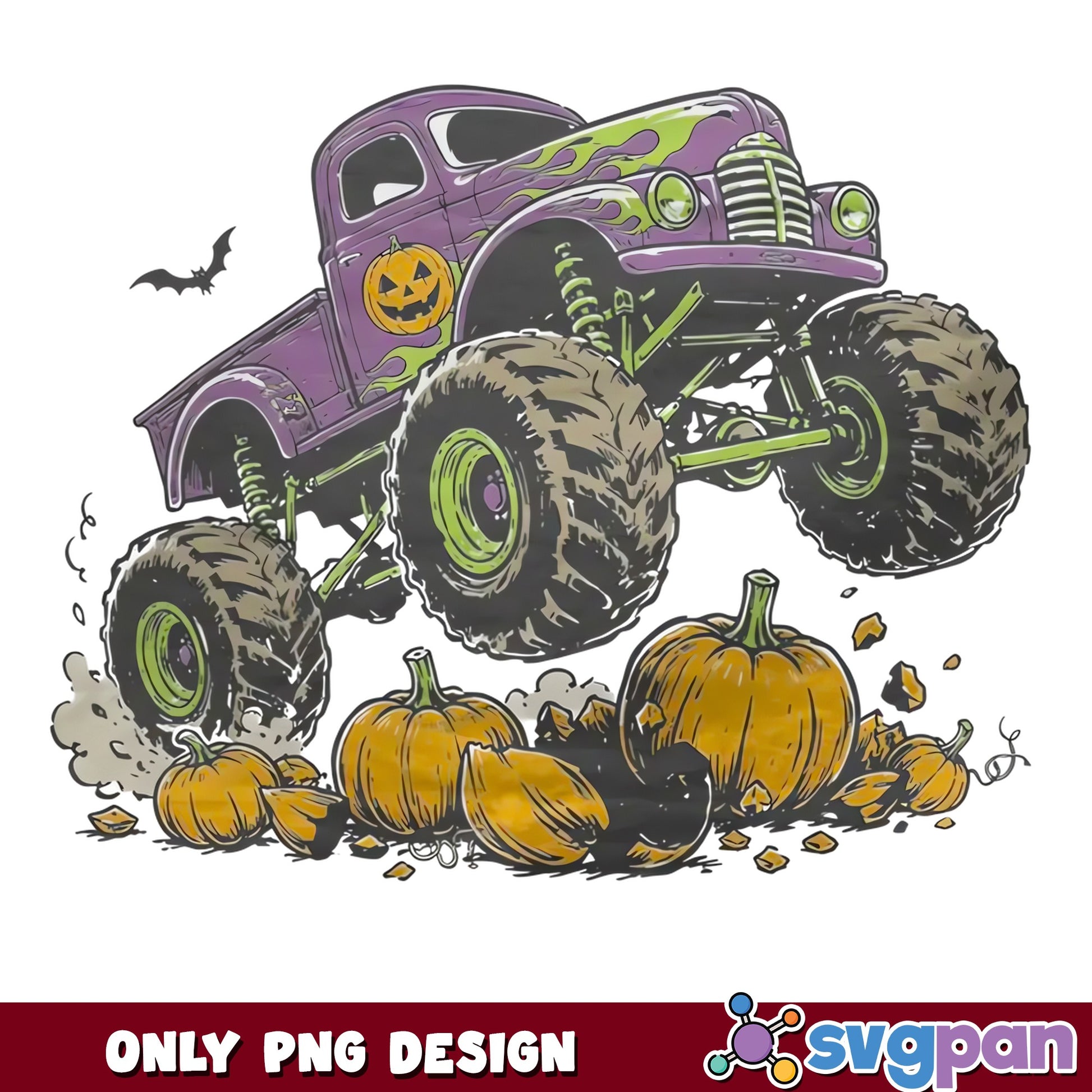 Halloween Monster Truck Smashing Pumpkins Bat PNG, Spooky Truck, PNG