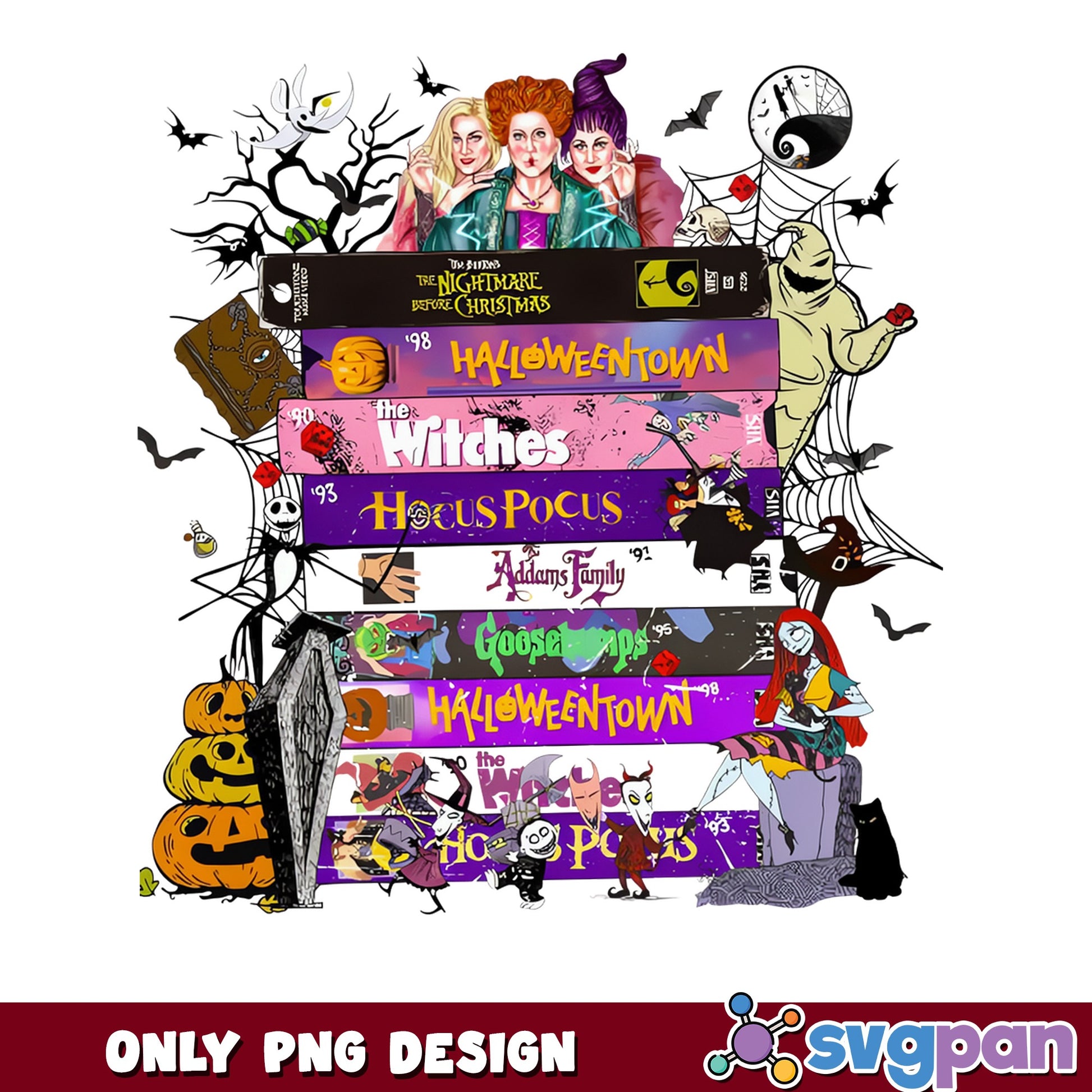 Halloween Movies VHS Stack PNG, Hocus Pocus PNG, Retro Horror PNG