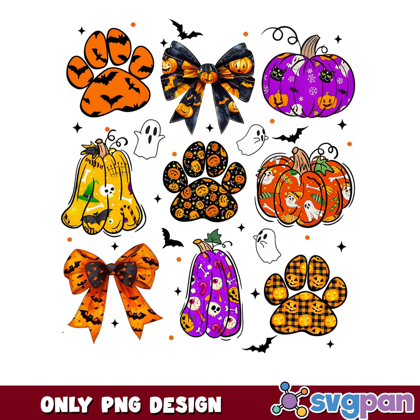 Halloween Paw Print Pumpkin PNG Bundle, Dog Paw Halloween PNG, Spooky PNG