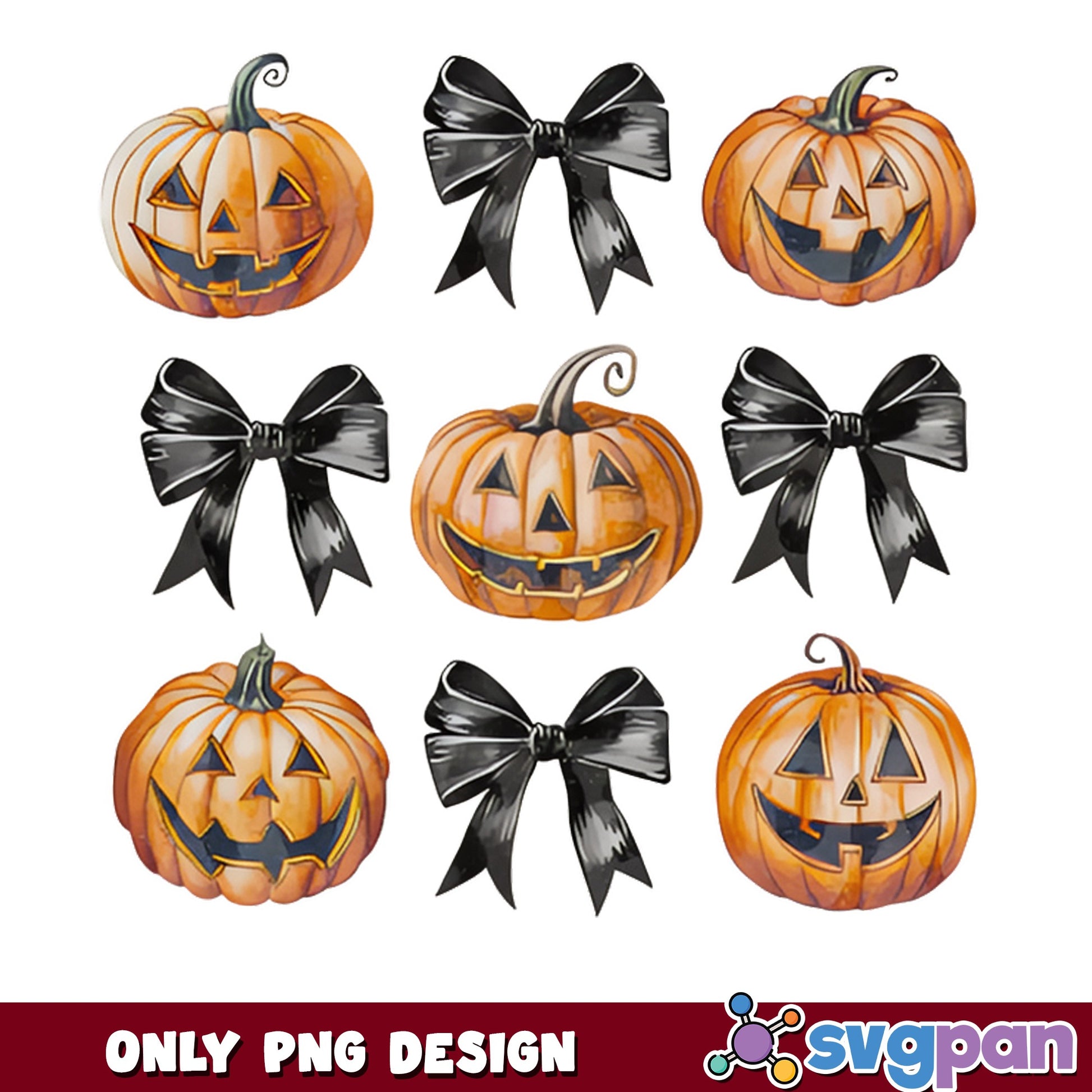 Halloween Pumpkin Black Bow PNG Bundle, Jack O Lantern PNG, Halloween PNG