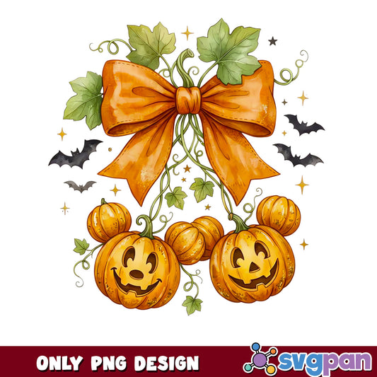 Halloween Pumpkin Bow PNG, Jack O Lantern Bats Vines Clipart, Fall PNG