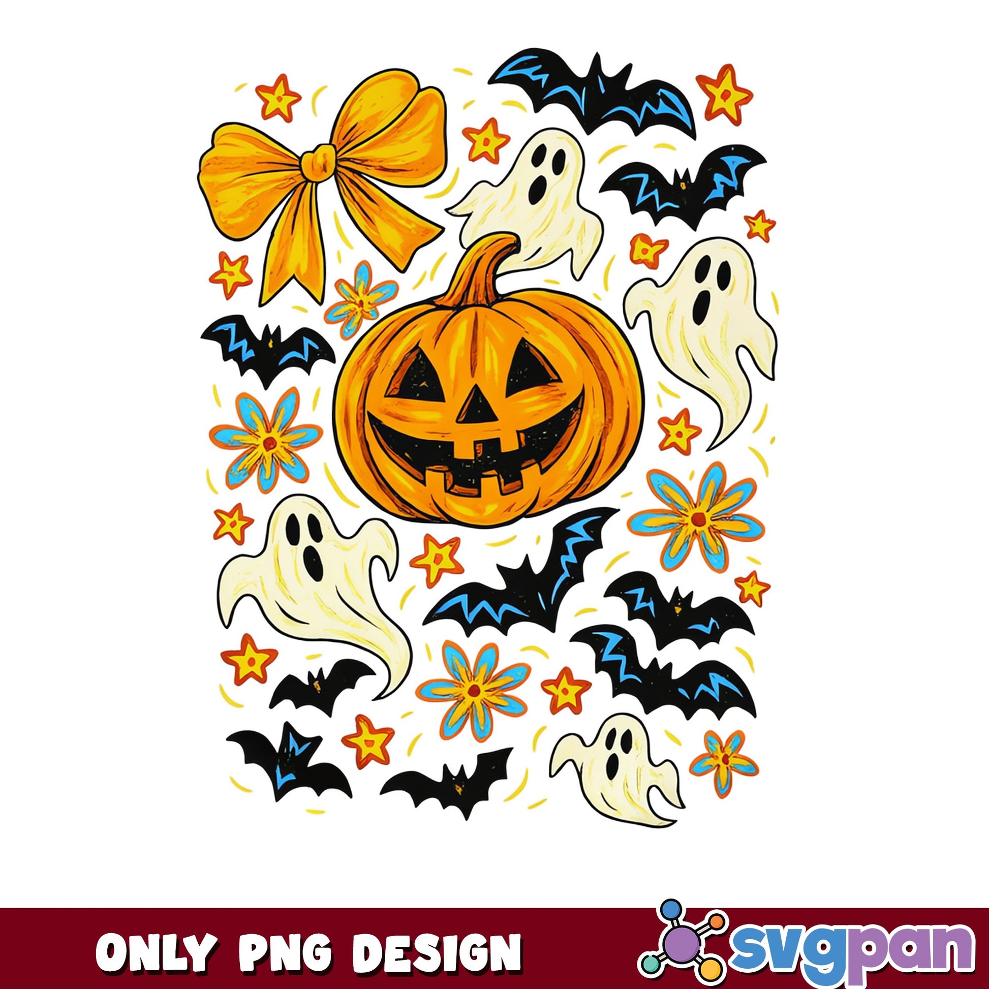 Halloween Pumpkin Ghost Bat Floral PNG, Coquette Bow PNG, Spooky Season PNG