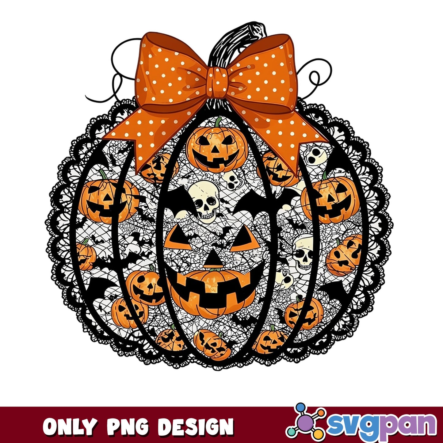 Halloween Pumpkin Lace Coquette Bow PNG, Jack O Lantern PNG, Skull PNG