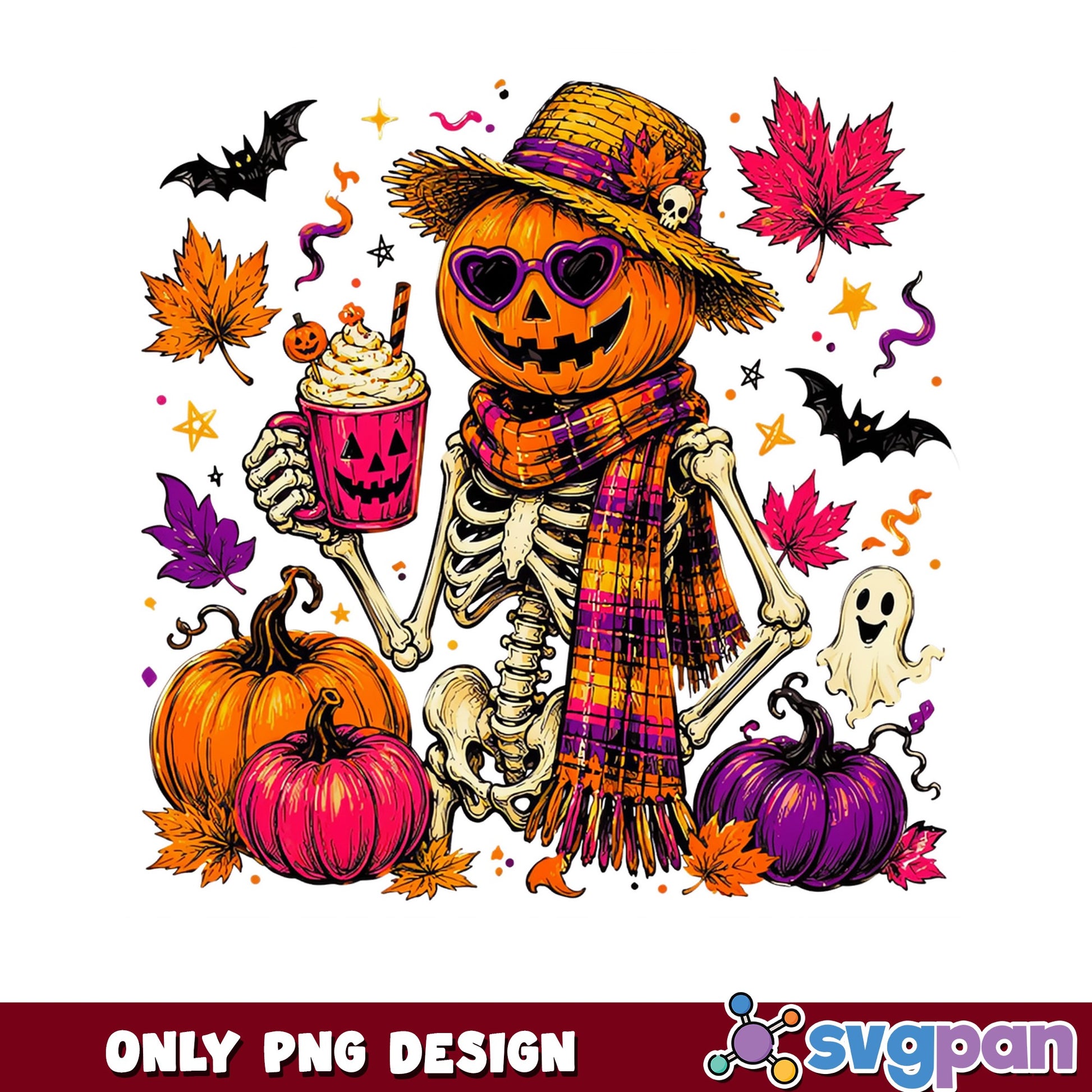 Halloween Skeleton Pumpkin Head PNG, Fall Coffee PNG, Halloween PNG