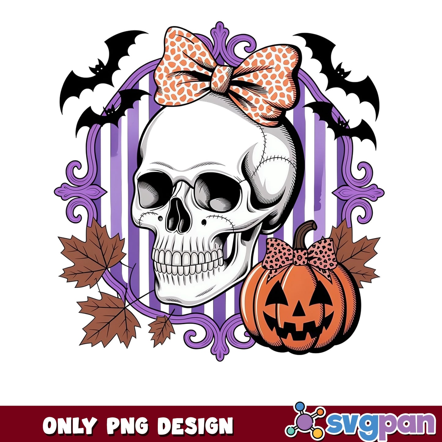 Halloween Skull With Bow PNG, Pumpkin Bat PNG, Spooky PNG