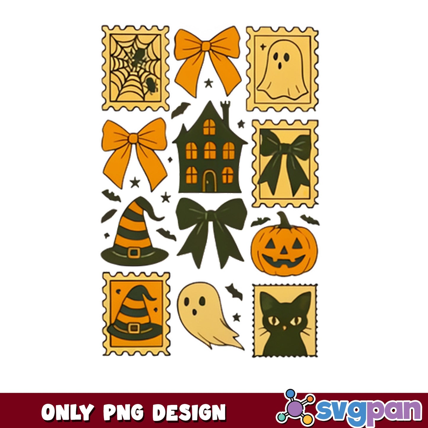 Halloween Stamp Bundle PNG, Spooky Ghost Pumpkin PNG, Witch Hat Black Cat PNG
