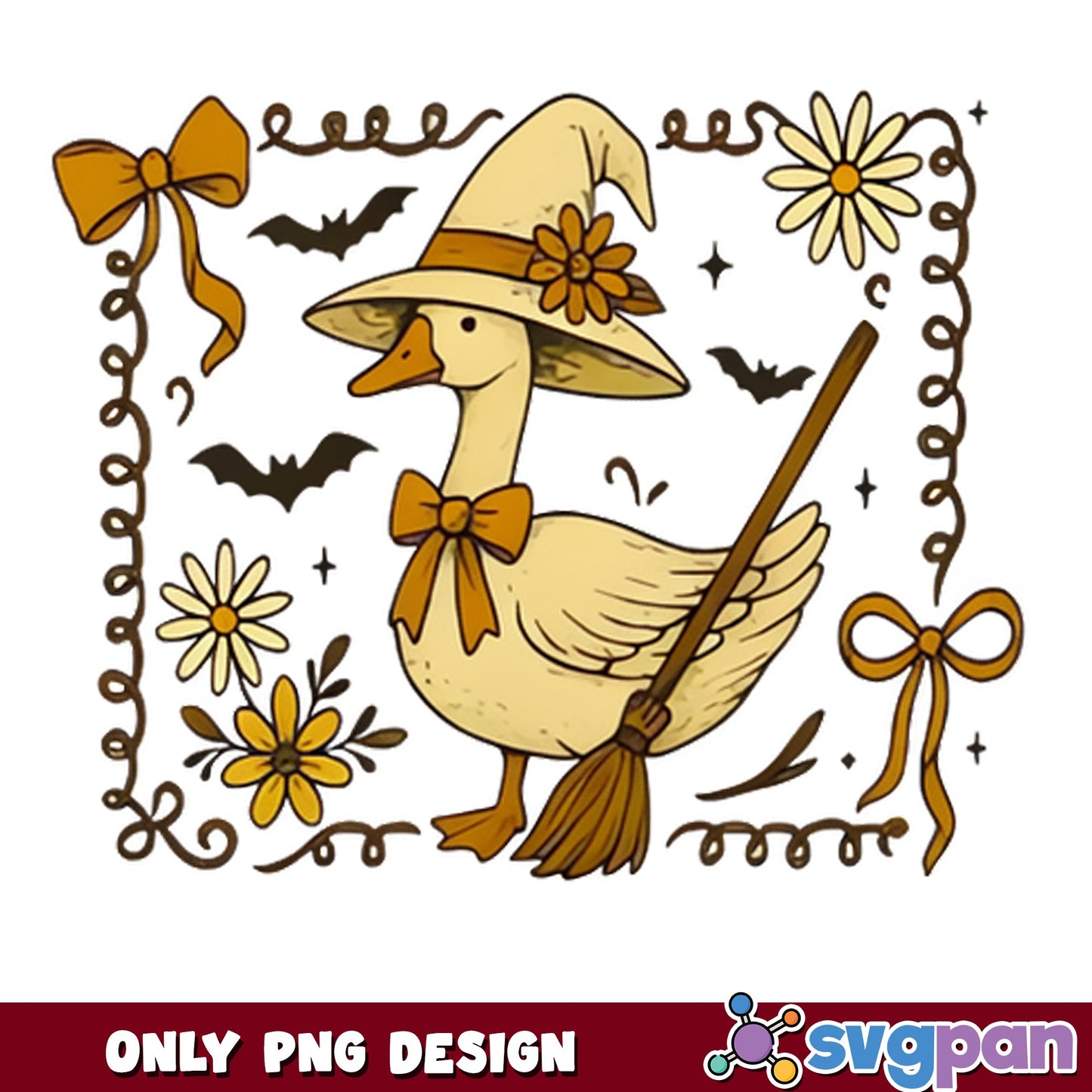 Halloween Witch Goose PNG, Cute Duck Witch Broom PNG, Fall PNG