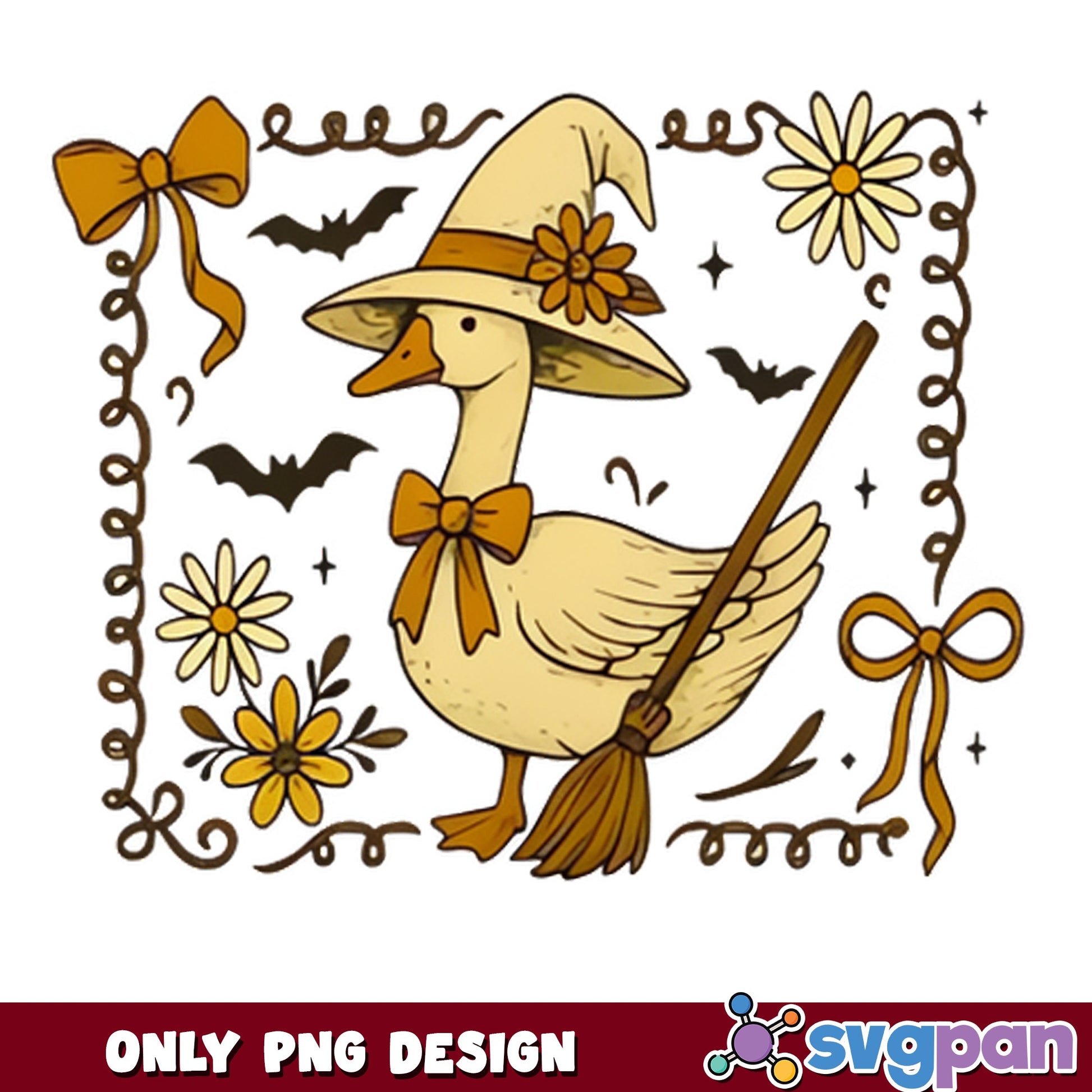 Halloween Witch Goose PNG, Cute Duck Witch Broom PNG, Fall PNG