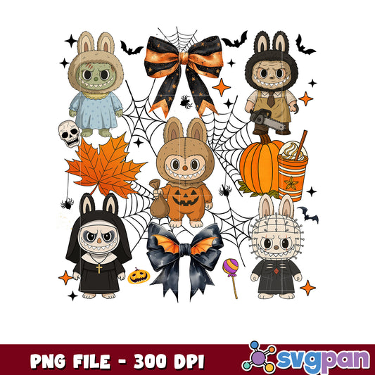 Halloween labubu horror png, trick or treat png, halloween quotes png