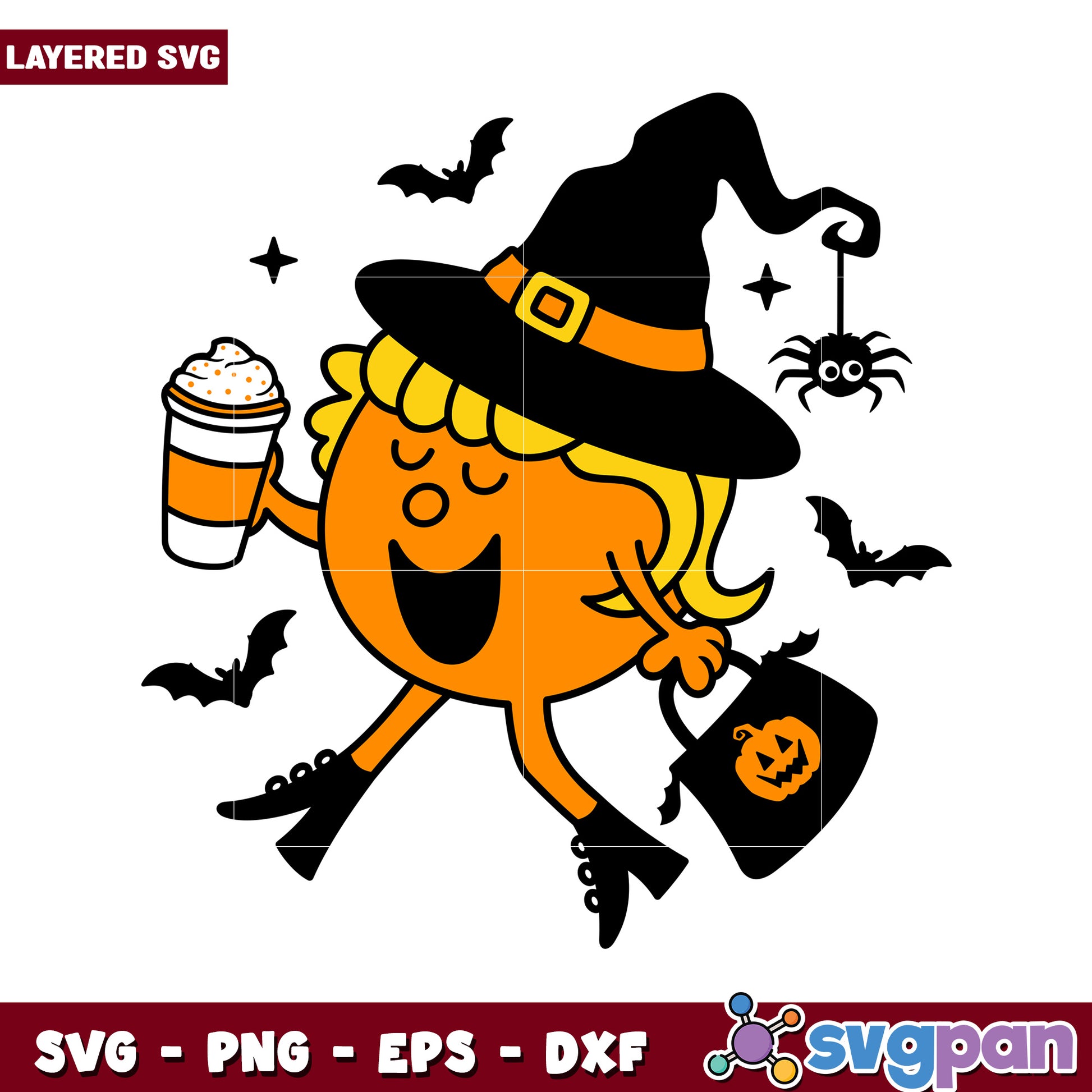 Happy Halloween Character with Witch Hat and Bats, Ideal for SVG Crafts