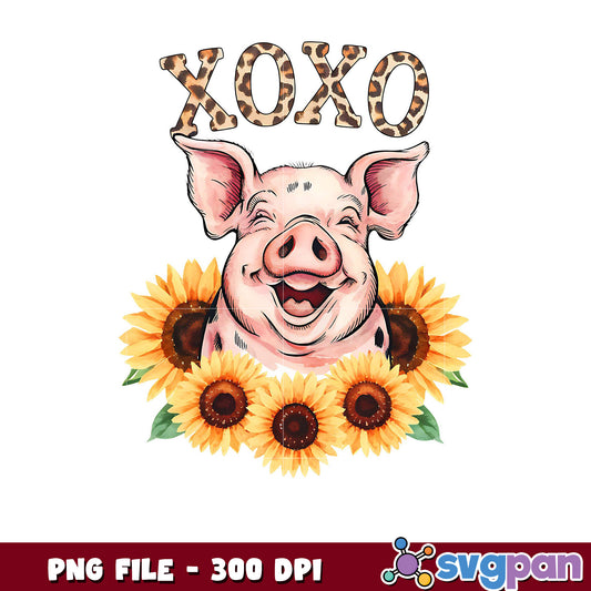 Happy Pig with Sunflowers and XOXO Quote PNG Design, Ideal for Crafts and Projects