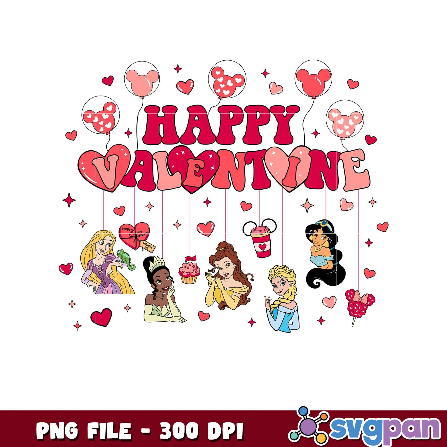Happy Valentine PNG design, features Disney princesses art