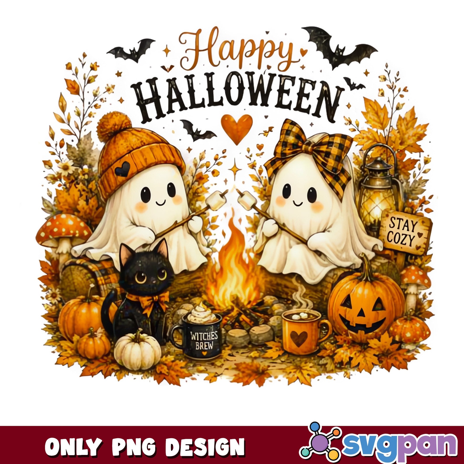 Happy Halloween Ghost Campfire PNG, Cute Ghost PNG, Fall PNG