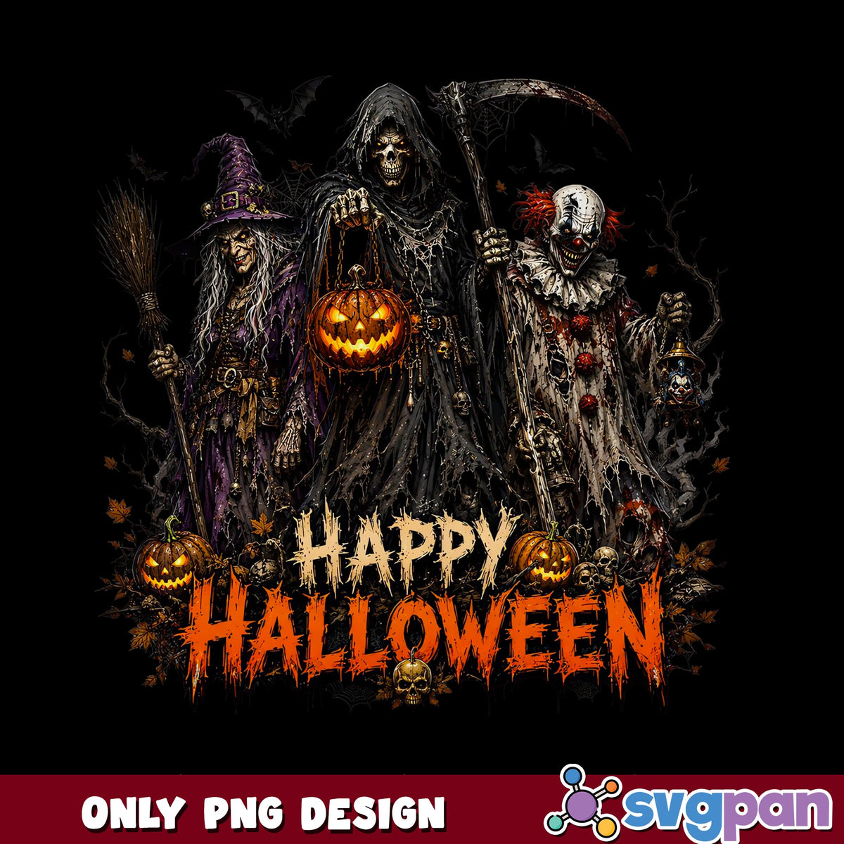 Happy Halloween Witch Grim Reaper Clown PNG, Horror PNG