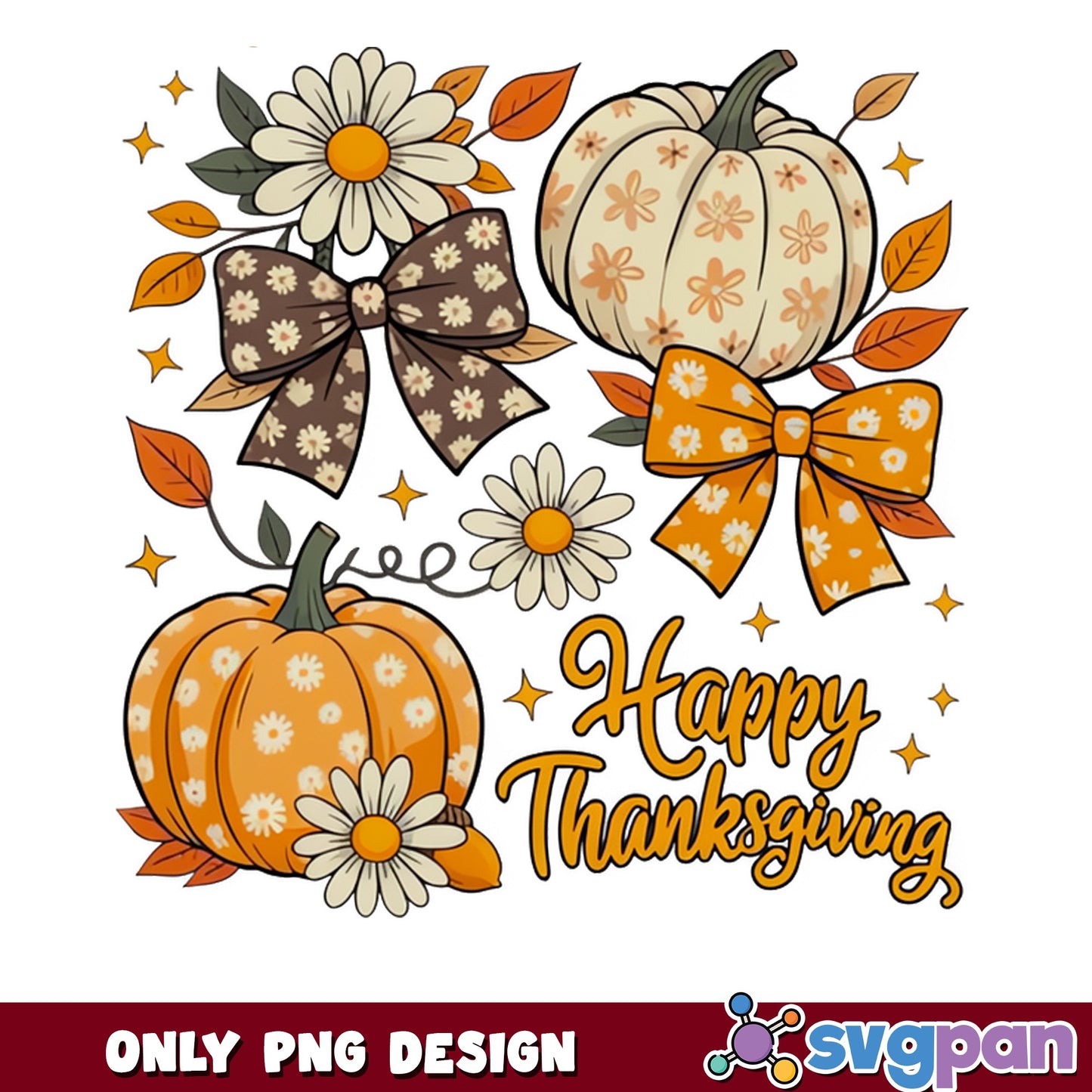 Happy Thanksgiving Pumpkin PNG, Fall Floral Bow PNG, Autumn PNG
