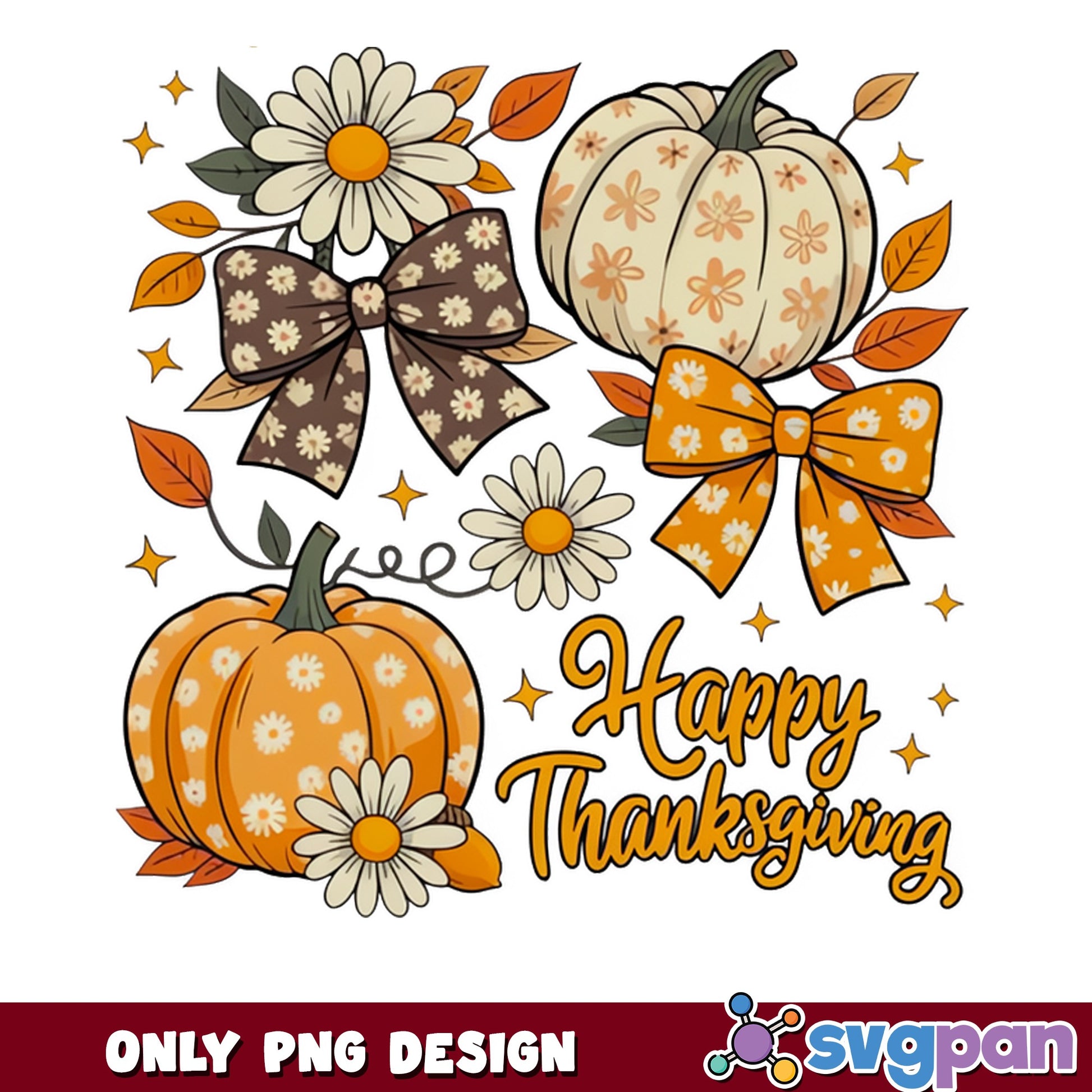 Happy Thanksgiving Pumpkin PNG, Fall Floral Bow PNG, Autumn PNG