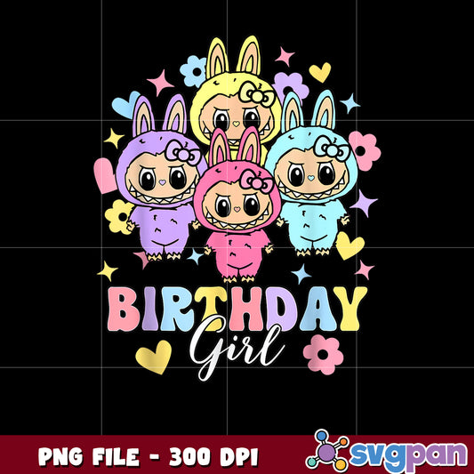 Happy birthday gift for girls kids teens cute labubu party png, playful design png