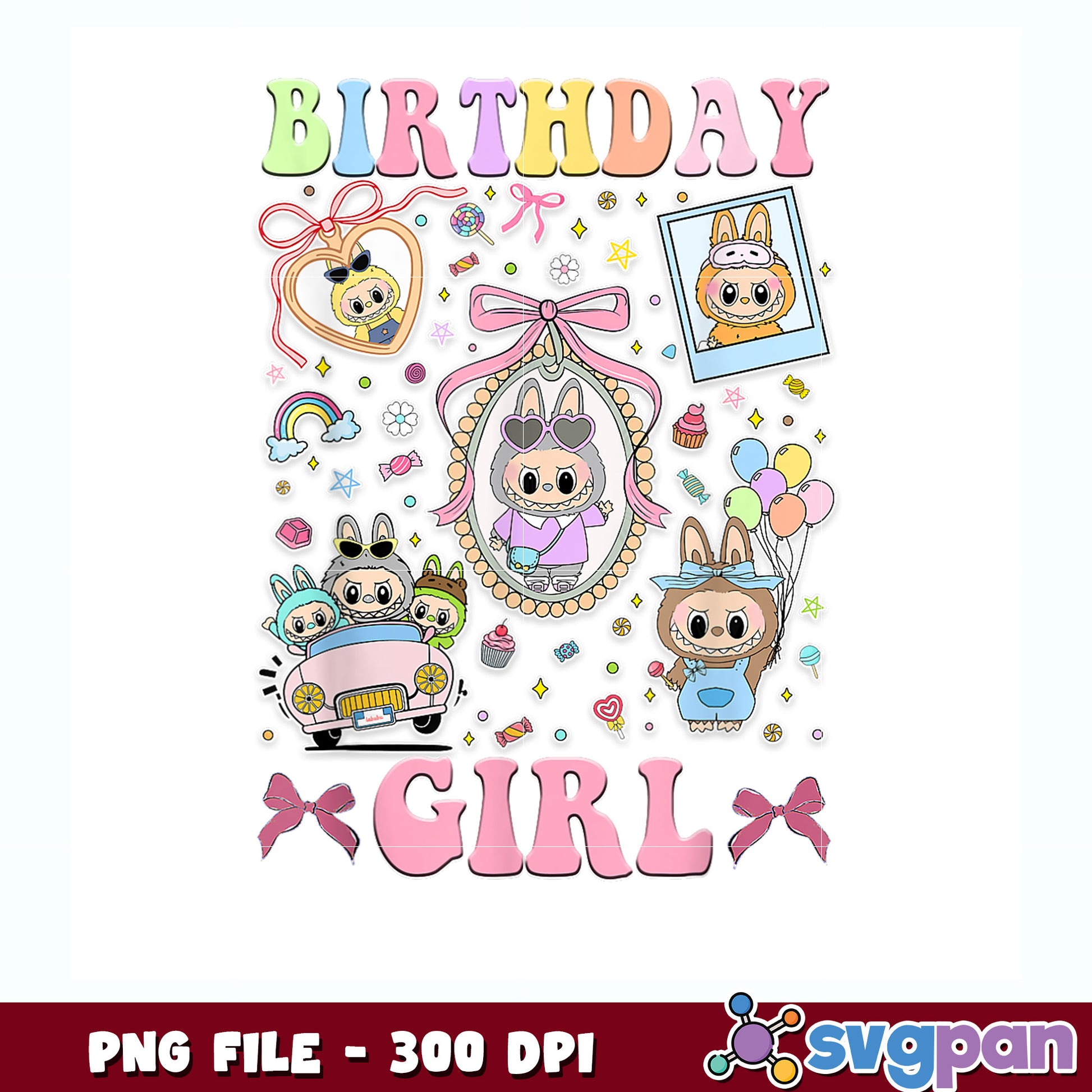 Happy birthday girls kids teens labubu bow bday decortion png, popmart labubu png