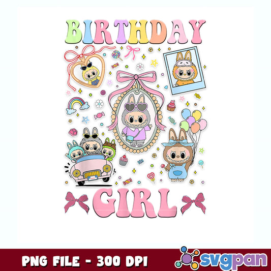 Happy birthday girls kids teens labubu bow bday decortion png, popmart labubu png