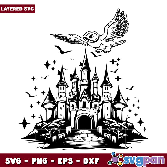 Harry potter catsle with the owl black and white svg, harry potter 2025 svg