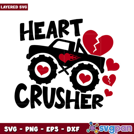 Heart Crusher Monster Truck SVG for Valentine's Day Crafts, Use for T-shirts and Decorations