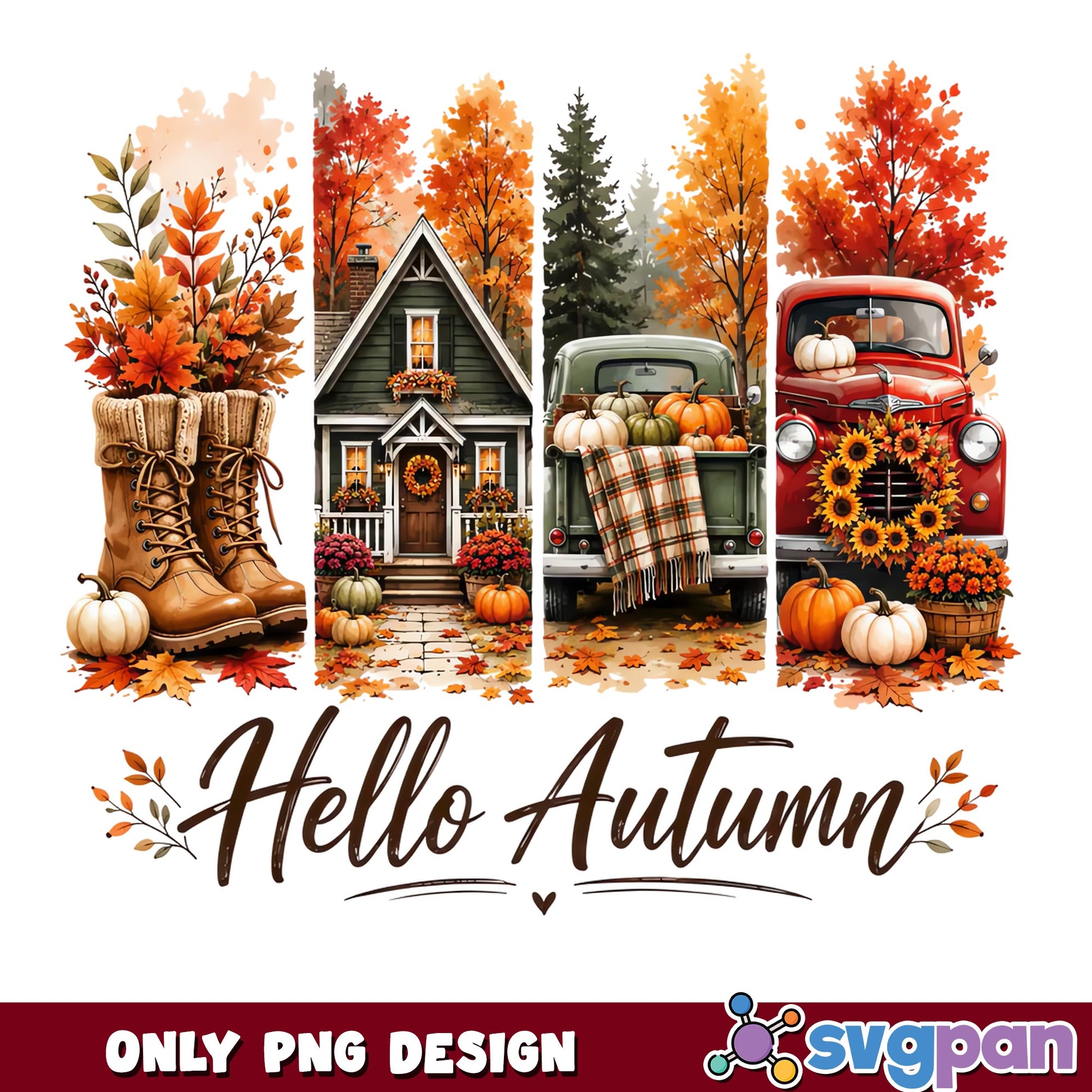 Hello Autumn PNG, Fall Pumpkin Truck Sublimation, Autumn PNG
