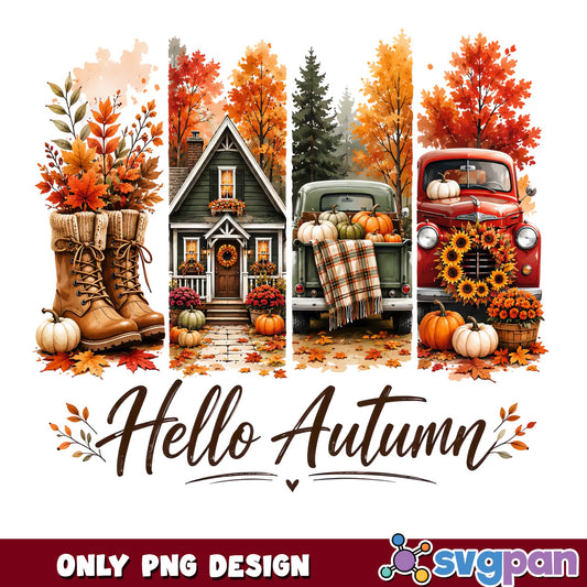 Hello Autumn PNG, Fall Pumpkin Truck Sublimation, Autumn PNG