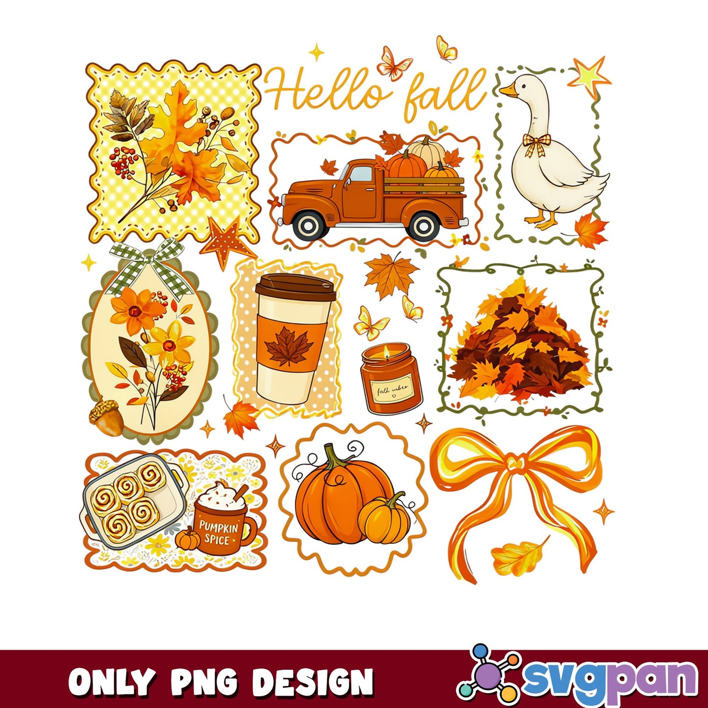 Hello Fall PNG Bundle, Pumpkin Spice Autumn Clipart, Fall PNG