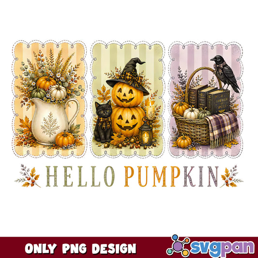 Hello Pumpkin Vintage Fall Harvest Clipart PNG, Halloween Pumpkin, PNG