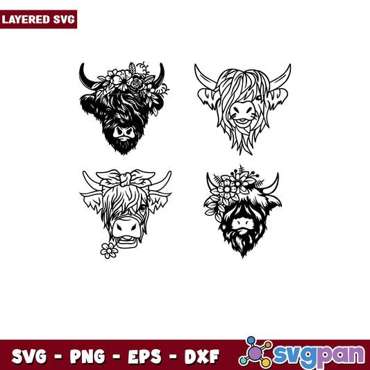 Highland Cow SVG Bundle 4 Layered Designs