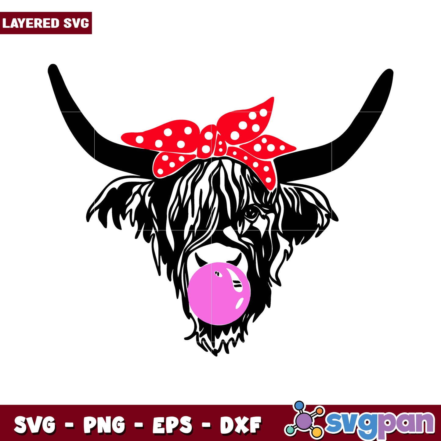 Highland Cow SVG with Bubble Gum and Polka Dot Bow, Perfect for Crafting