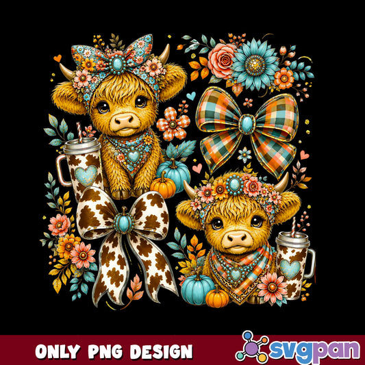Highland Cow Fall Floral PNG, Cute Cow Pumpkin PNG, Autumn PNG