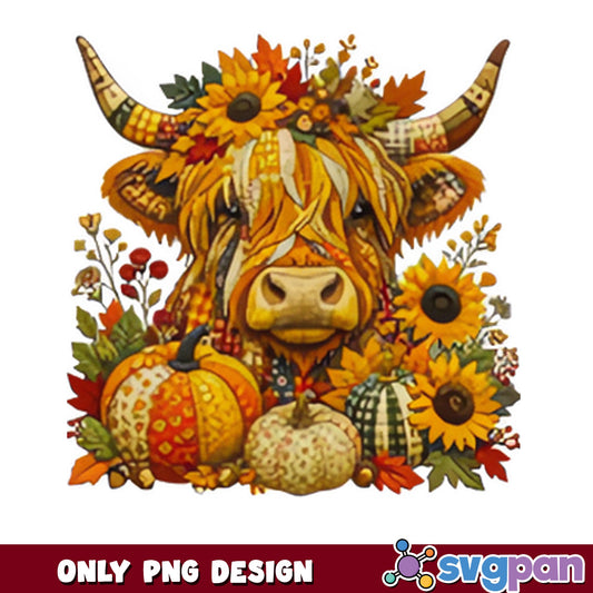 Highland Cow Fall Pumpkin Sunflower PNG, Autumn Cow PNG, Thanksgiving PNG