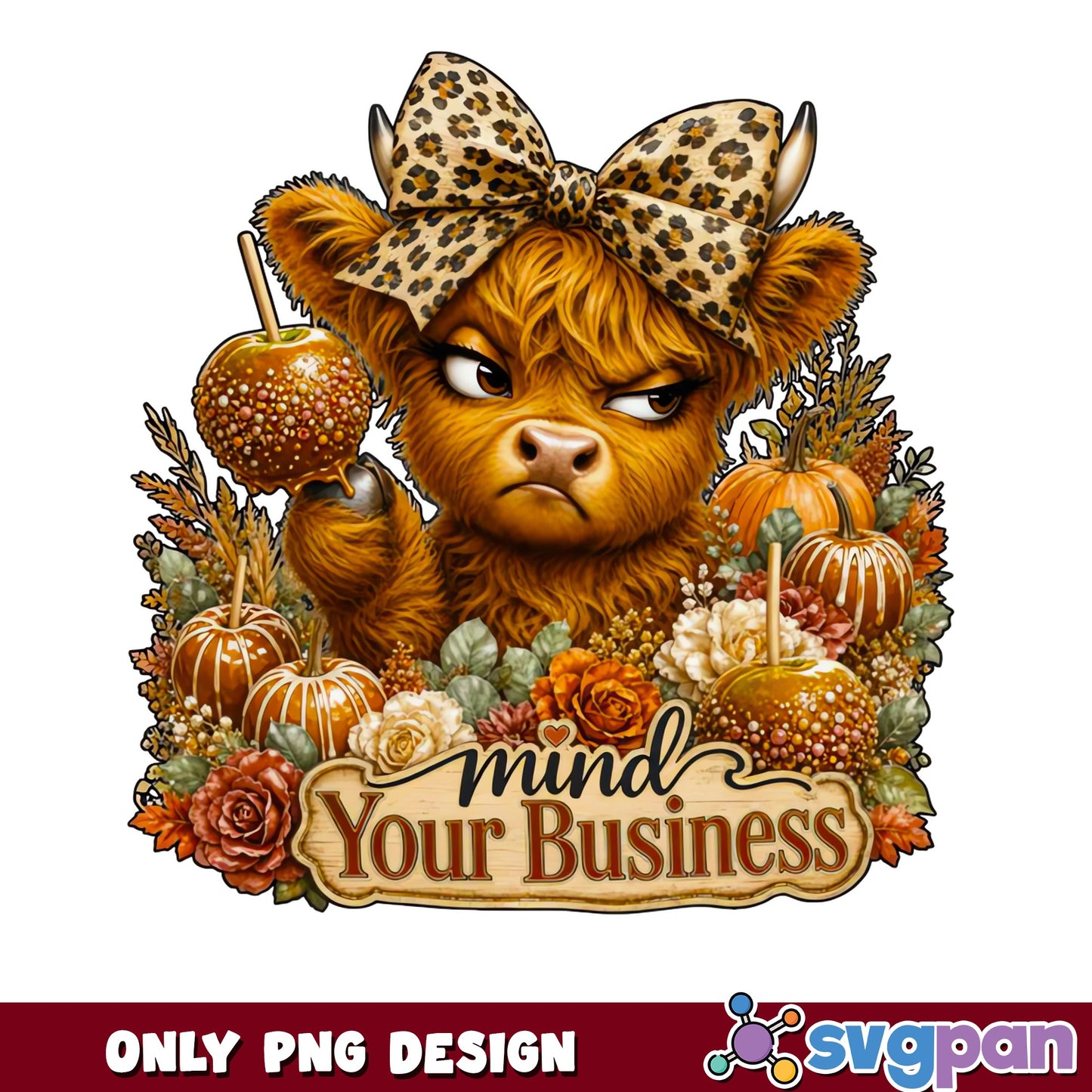 Highland Cow Mind Your Business PNG, Fall Pumpkin PNG, Leopard Bow PNG
