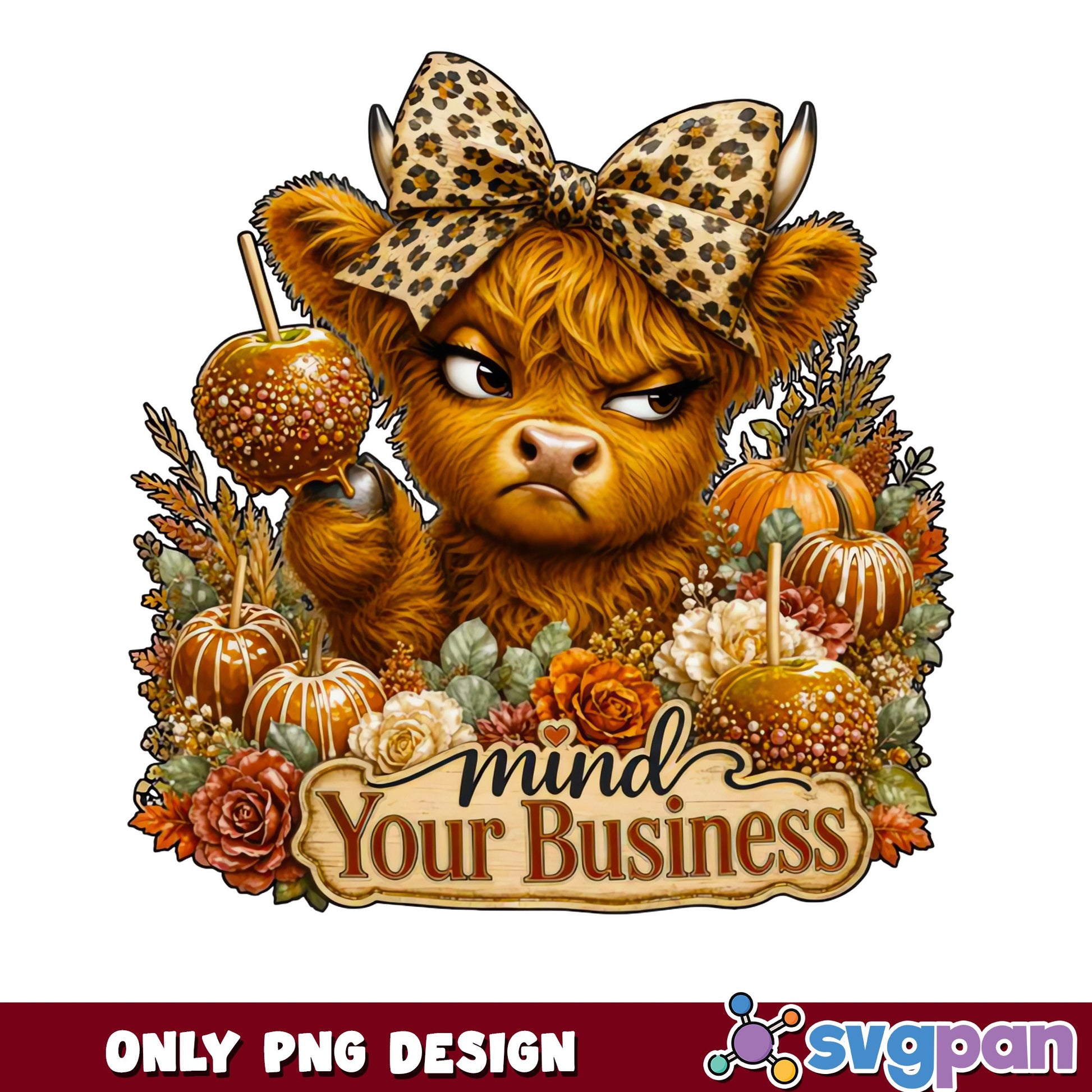 Highland Cow Mind Your Business PNG, Fall Pumpkin PNG, Leopard Bow PNG