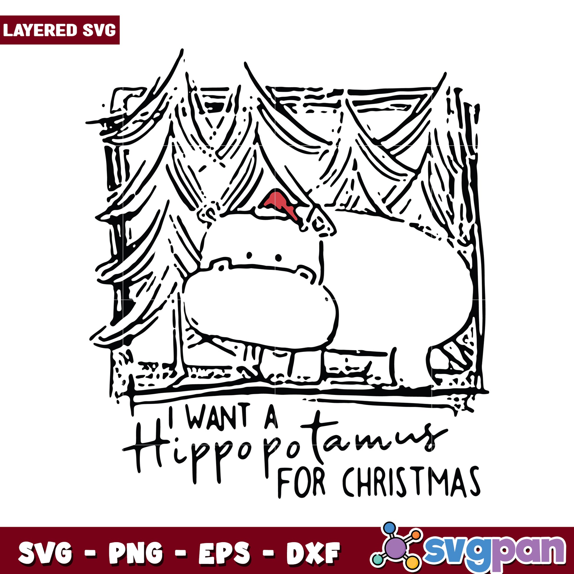 Hippopotamus Christmas SVG Design, perfect for holiday crafts