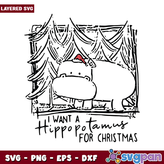 Hippopotamus Christmas SVG Design, perfect for holiday crafts