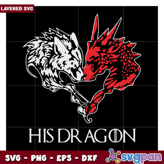 His Dragon SVG Design, layered wolf and dragon heart graphic