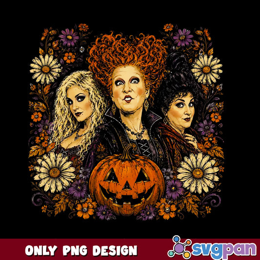 Hocus Pocus Sanderson Sisters PNG, Halloween Witch PNG, Floral Halloween PNG