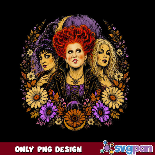 Hocus Pocus Sanderson Sisters PNG, Halloween Witches PNG, Floral Halloween PNG