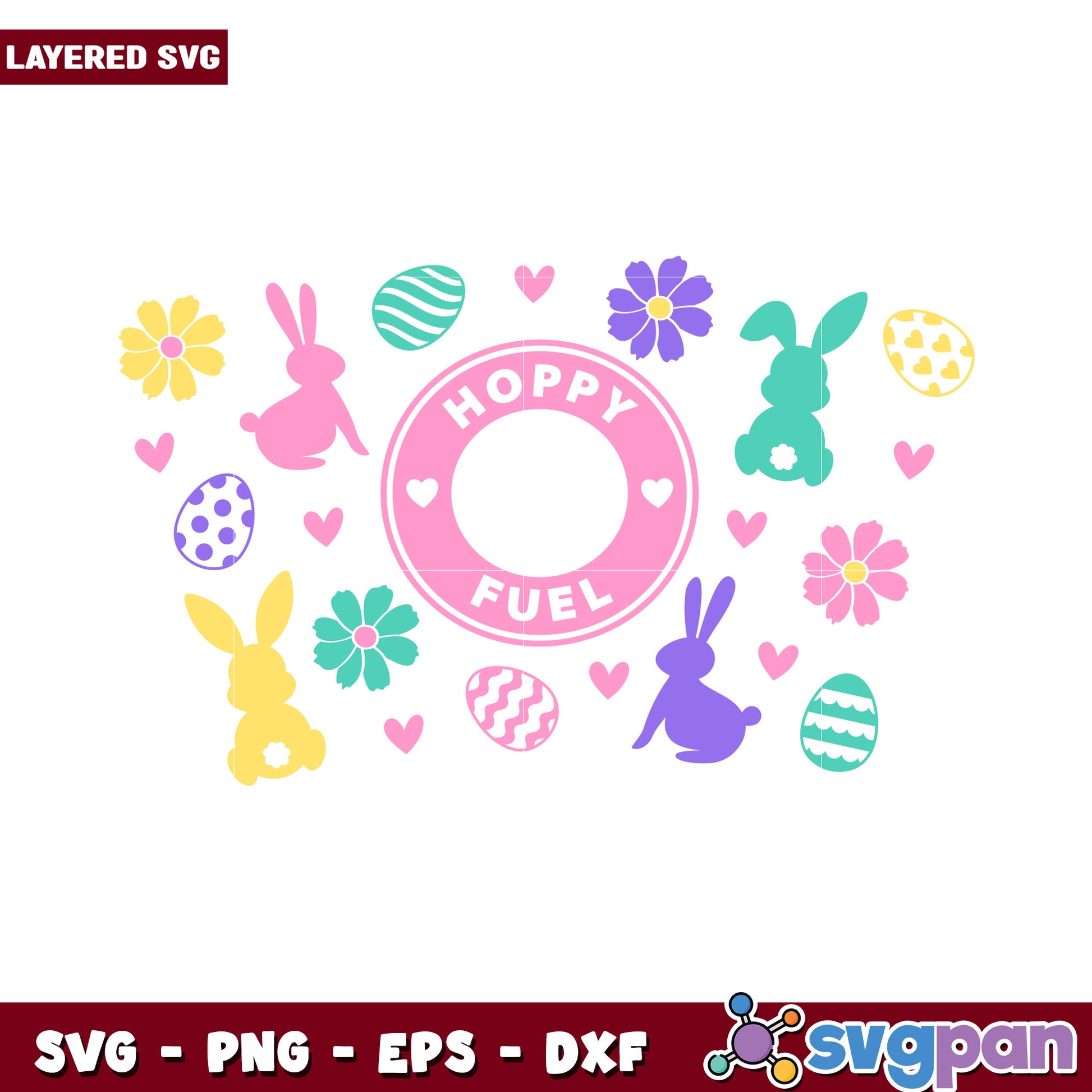 Hoppy Fuel Easter SVG Design, vibrant bunnies and flowers included